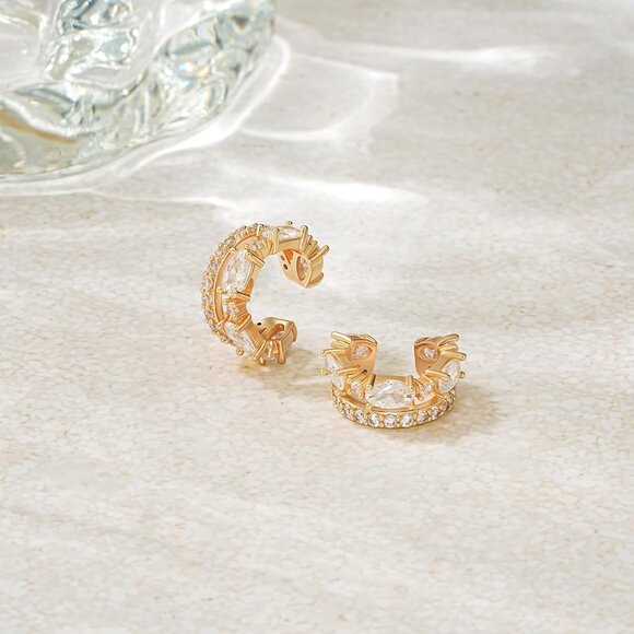 14K Gold Plated White Zircon Diamond Turquoise Cuffs Non Piercing Earrings - Picture 5 of 7